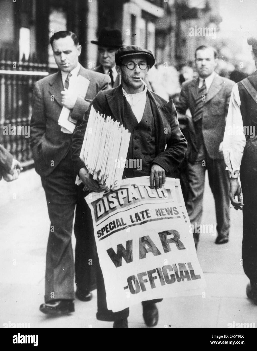 Newspaper seller in London with banner declaring the outbreak of World war two 1939 Stock Photo