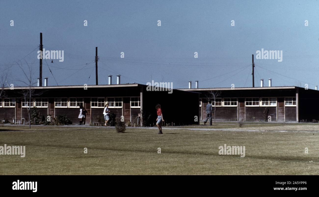 Row of shelters, labour camp, Robstown, Texas. Photographer Arthur Rothstein (1915-1985). Colour. January 1942. Stock Photo