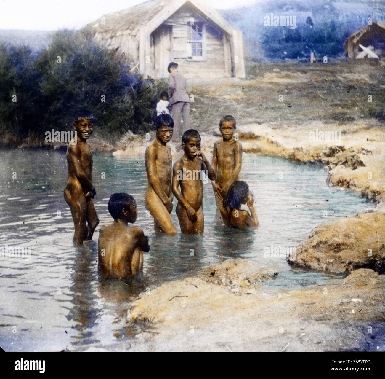 Maori boys bathing. Photographer William Henry Jackson 1843-1942). Colour. 1895. Stock Photo