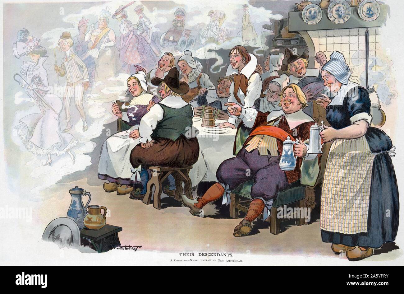 Their descendants by artist Samuel D. Ehrhart approx. 1862-1937. Illustration shows Dutch settlers in 'New Amsterdam' (New York) chuckling over drink at the shades of their future descendants (Victorian women, dandies, stern-looking members of the D.A.R., women golfing, and the automobile). Stock Photo