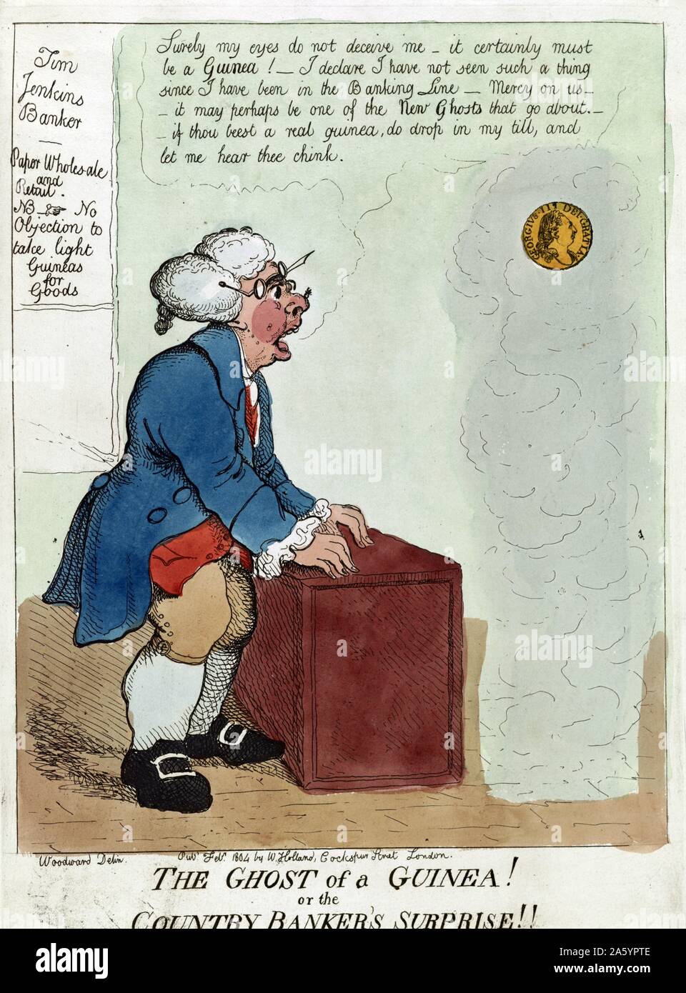The ghost of a guinea or the country's surprise! Artist, George Moutard Woodward (1760-1809). Print shows a banker astonished to by a guinea coin with King George III on it. The banker says, 'Surely my eyes do not deceive me - it certainly must be a guinea, I declare I have not seen such a thing since I have been in the Banking Line - Mercy on us - it may perhaps be one of the new ghosts that go about - if thou beest a real guinea do drop in my till, and let me hear thee chink., February c.1804. Stock Photo