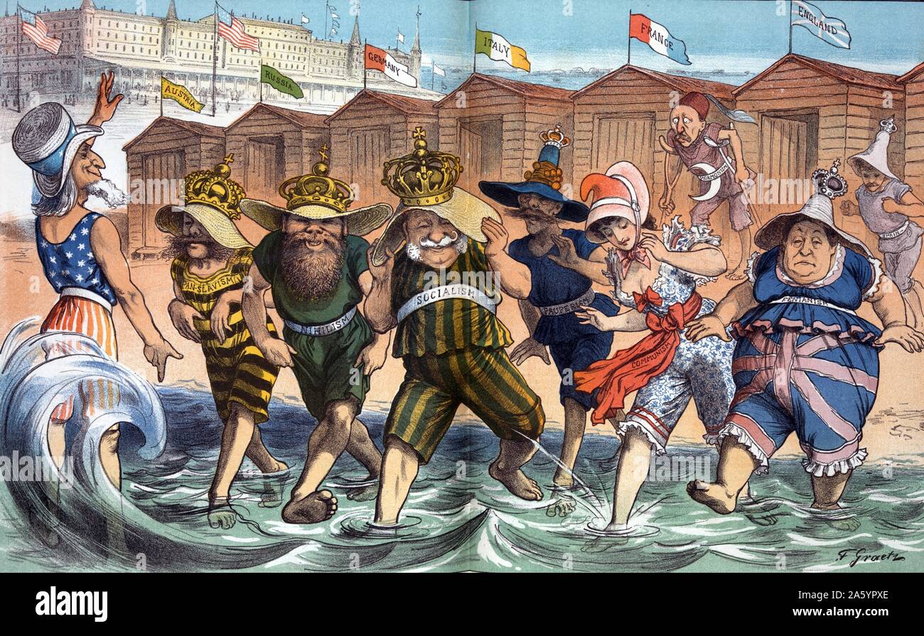 Coney Island and the crowned heads. Artist Fredrich F Graetz. Print shows Uncle Sam welcoming several heads of state labelled 'Pan-Slavism, Nihilism, Socialism, Pauperism, Communism Fenianism, Mormonism wearing a fez and Spain' to swim at Coney Island. Stock Photo