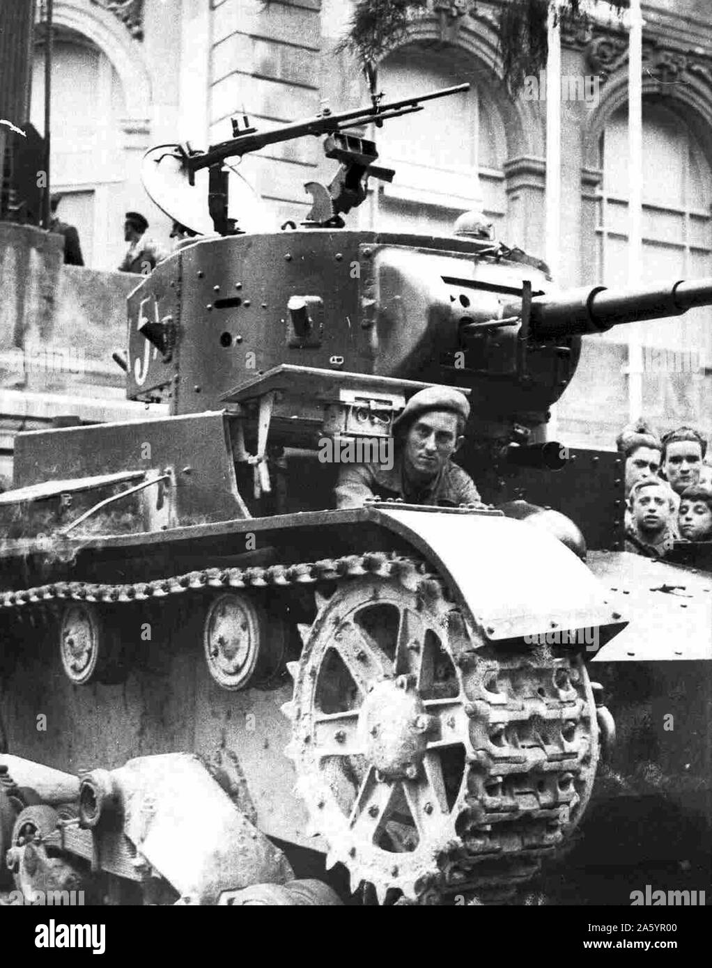 Republican tanks on the streets of a Spanish city during the Civil War. 1936 Stock Photo