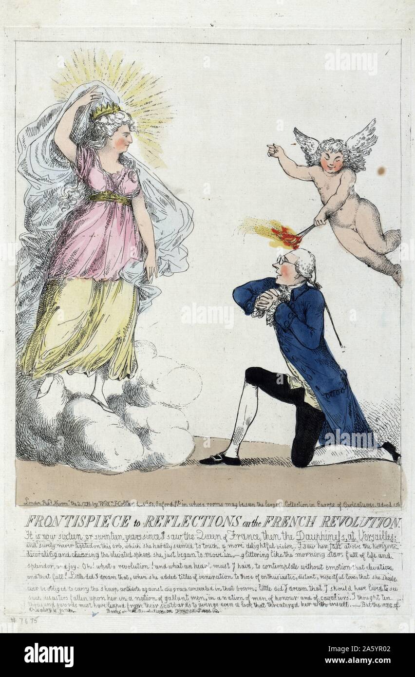 Frontispiece to Reflections on the French Revolution. 1790. Print shows Edmund Burke on bended knee as though proposing to a vision which appears before him of Marie Antoinette, while a cherub touches his head with a firebrand emitting the sparks of romance. Stock Photo