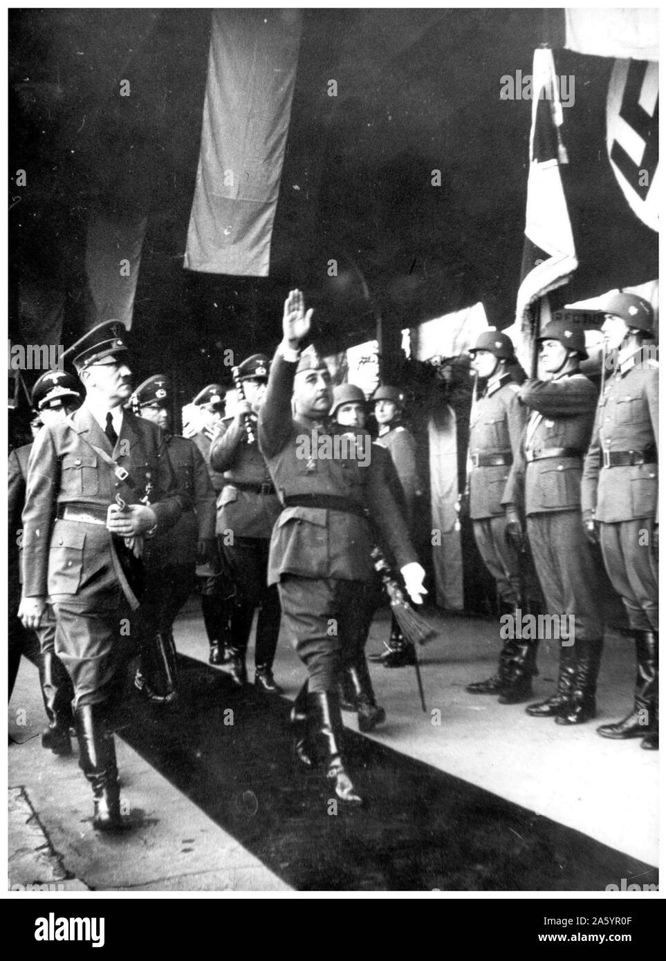 In October 1940, Francisco Franco the Spanish leader, met with German leader, Adolf Hitler, in southern France (Hendaye) to discuss having Spain participate in World War II Stock Photo