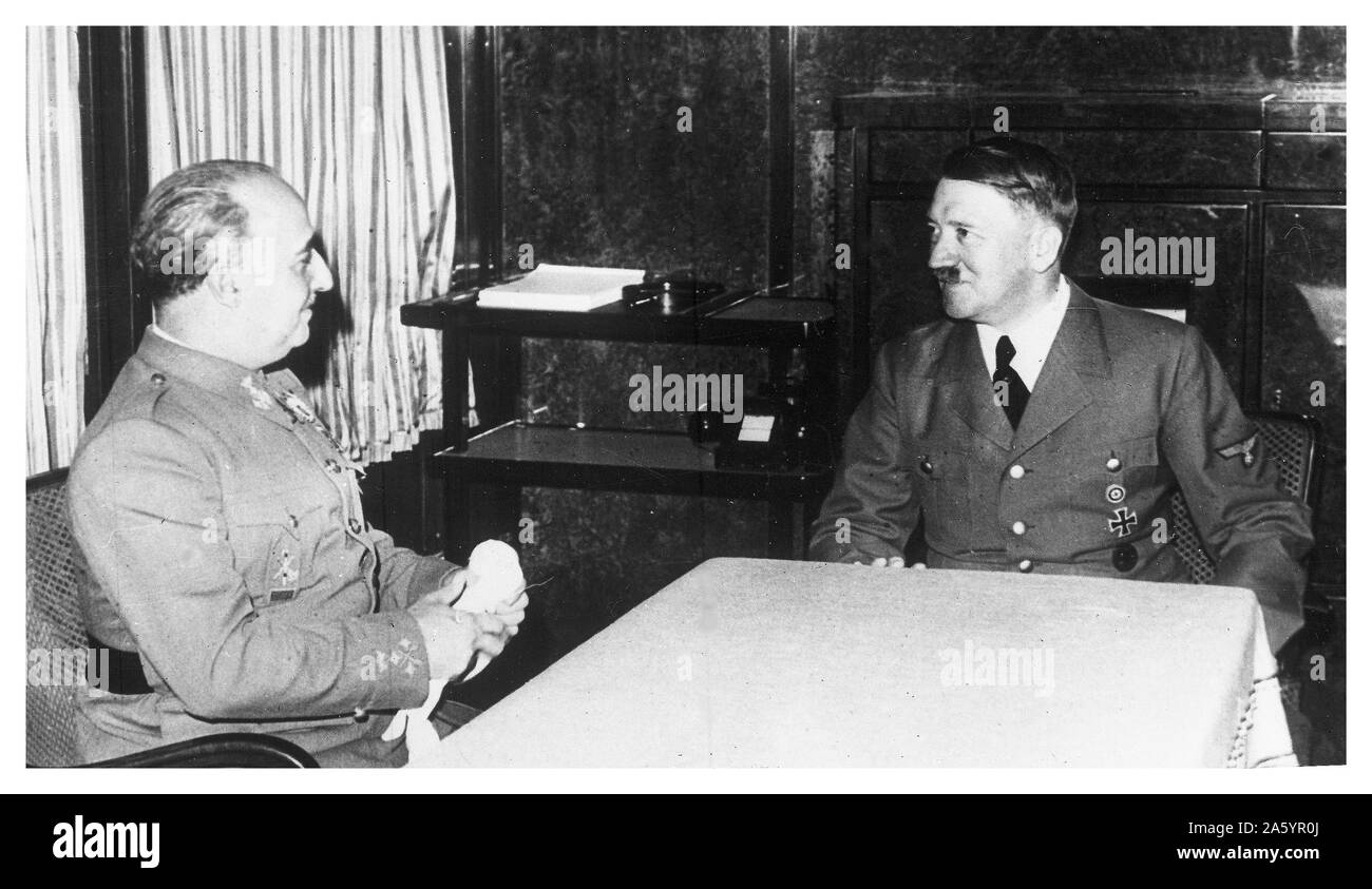 In October 1940, Francisco Franco the Spanish leader, met with German leader, Adolf Hitler, in southern France (Hendaye) to discuss having Spain participate in World War II Stock Photo
