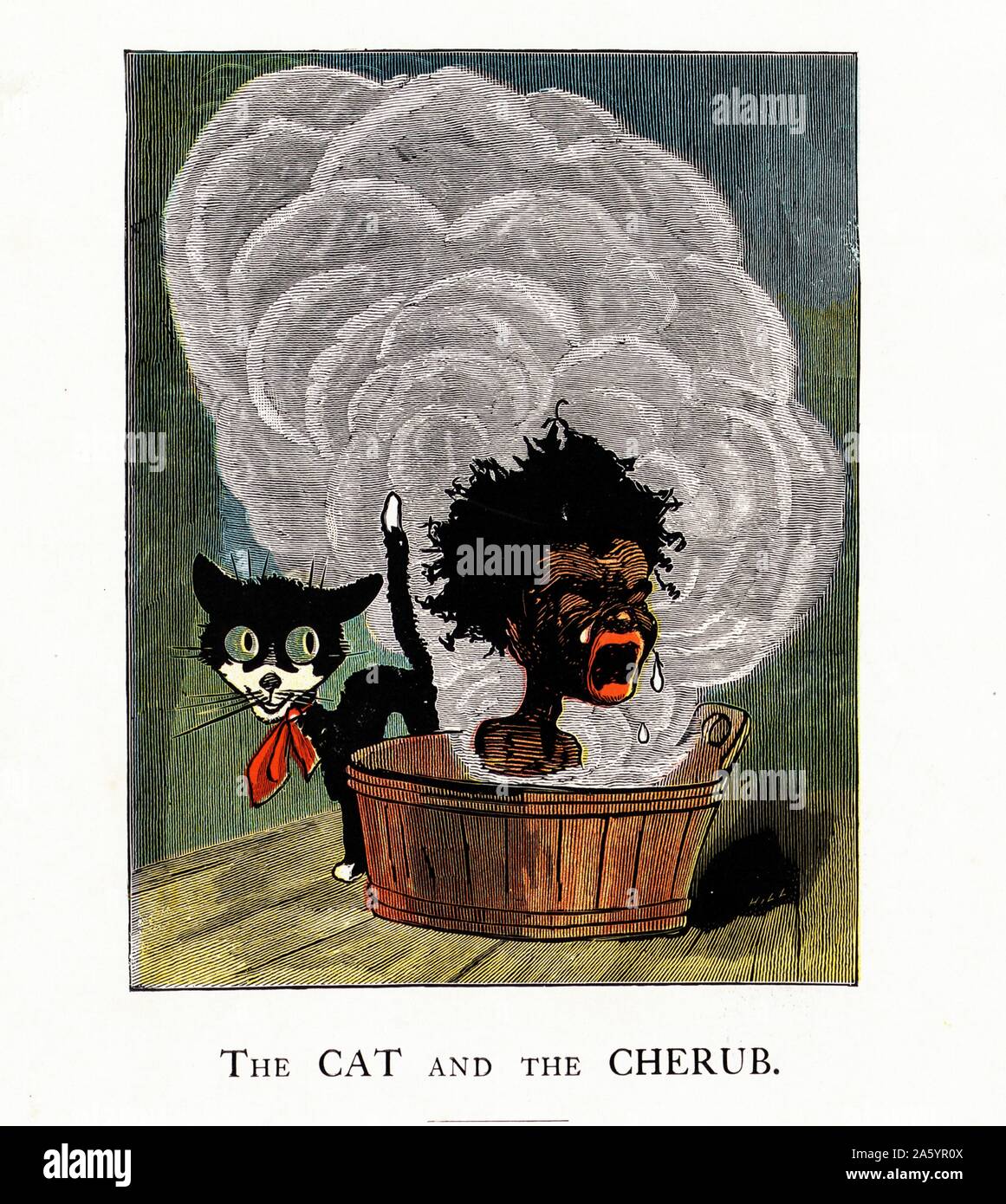 An American illustration of a cat next to an african-american boy crying out loud, in a steaming bath tub 1870 Stock Photo