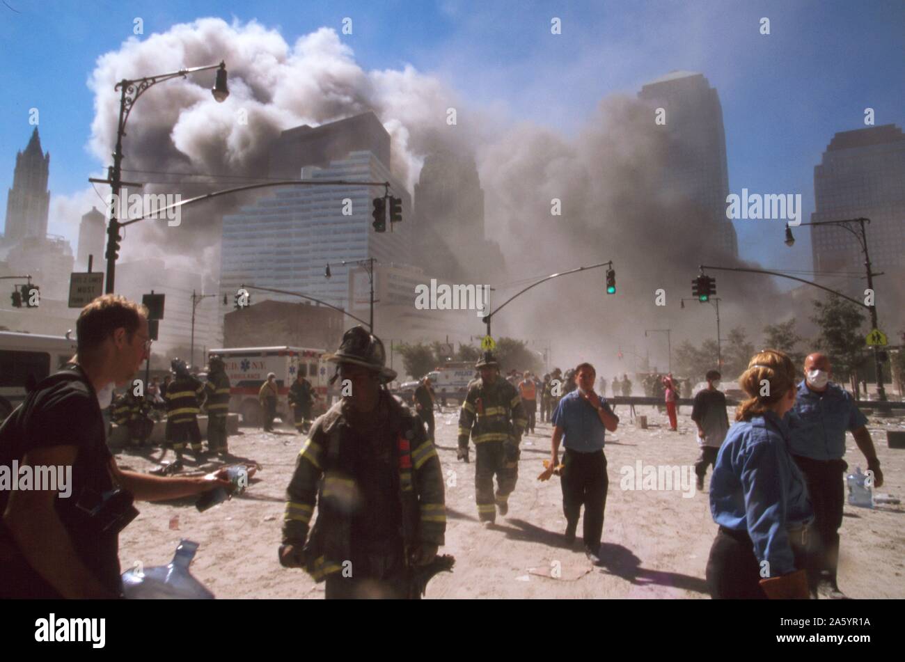 The September 11 (or 9/11) Islamic terrorist group al-Qaeda attacks on New York City, September 11, 2001. Two of the planes, were crashed into the North and South towers, of the World Trade Center complex in New York City. Within two hours, both 110-story towers collapsed Stock Photo
