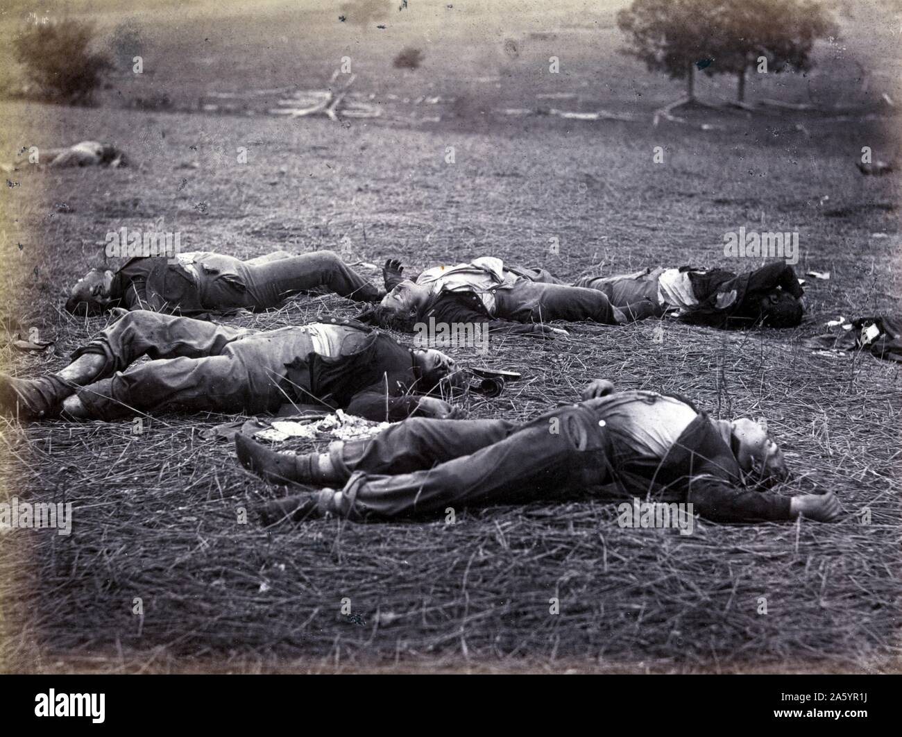 Bodies on the battlefield after the Battle of Gettysburg, July 1–3, 1863, during the American Civil War. The battle involved the largest number of casualties of the entire war[ Stock Photo