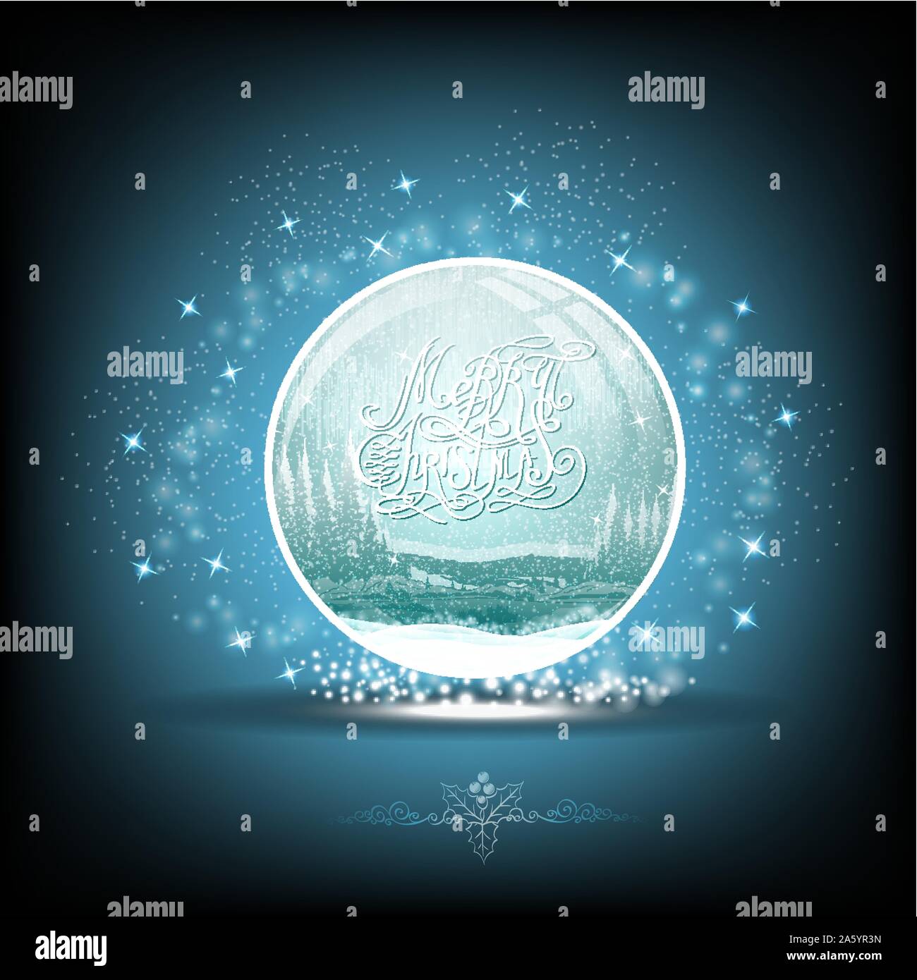 Snow globe with winter forest landscape on blue background Stock Vector