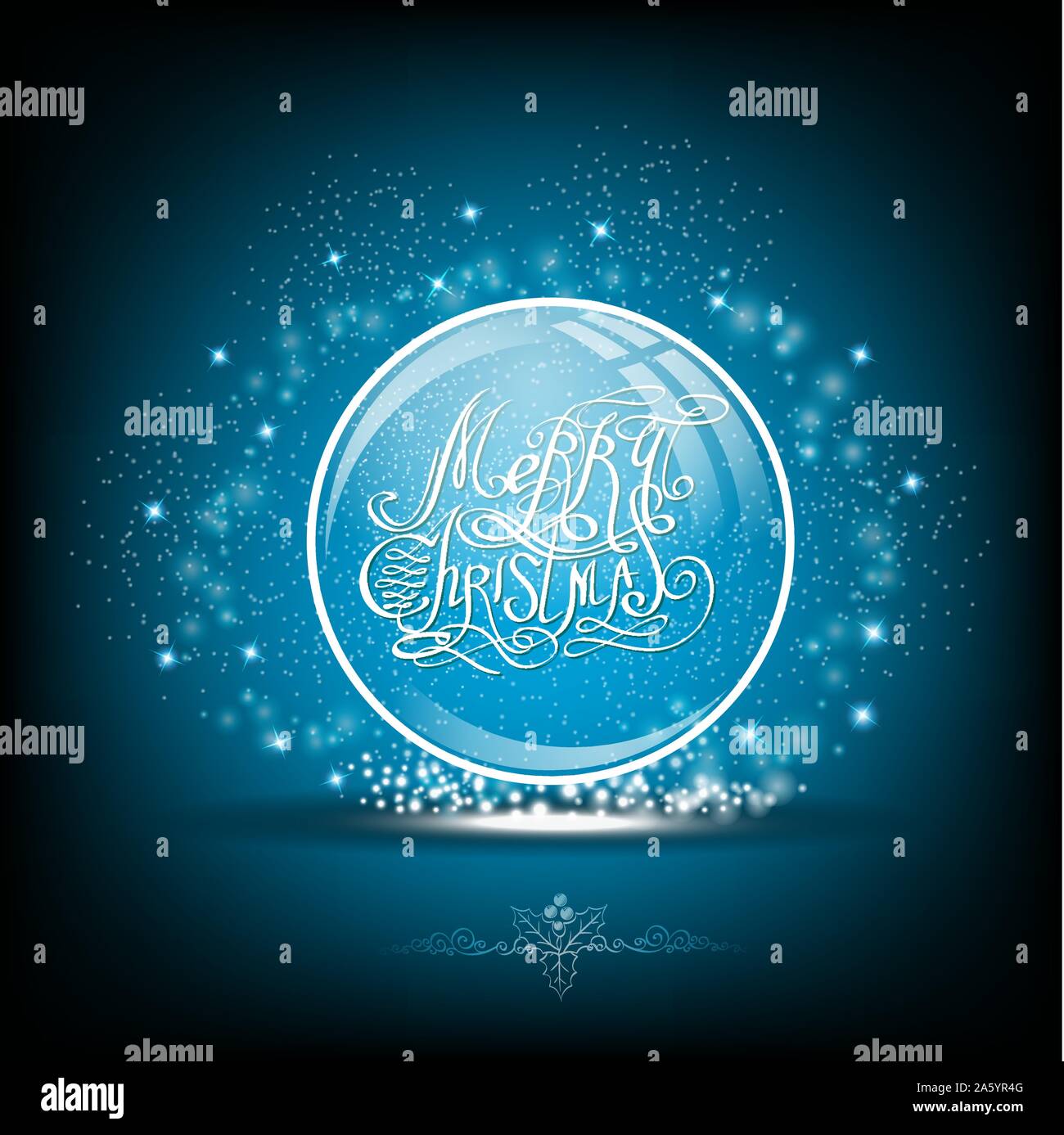 Snow globe with calligraphic merry christmas on blue background Stock Vector