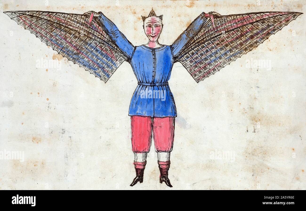 Hand-coloured lithograph of a man who flies with wings attached to his tunic. Dated 1817 Stock Photo
