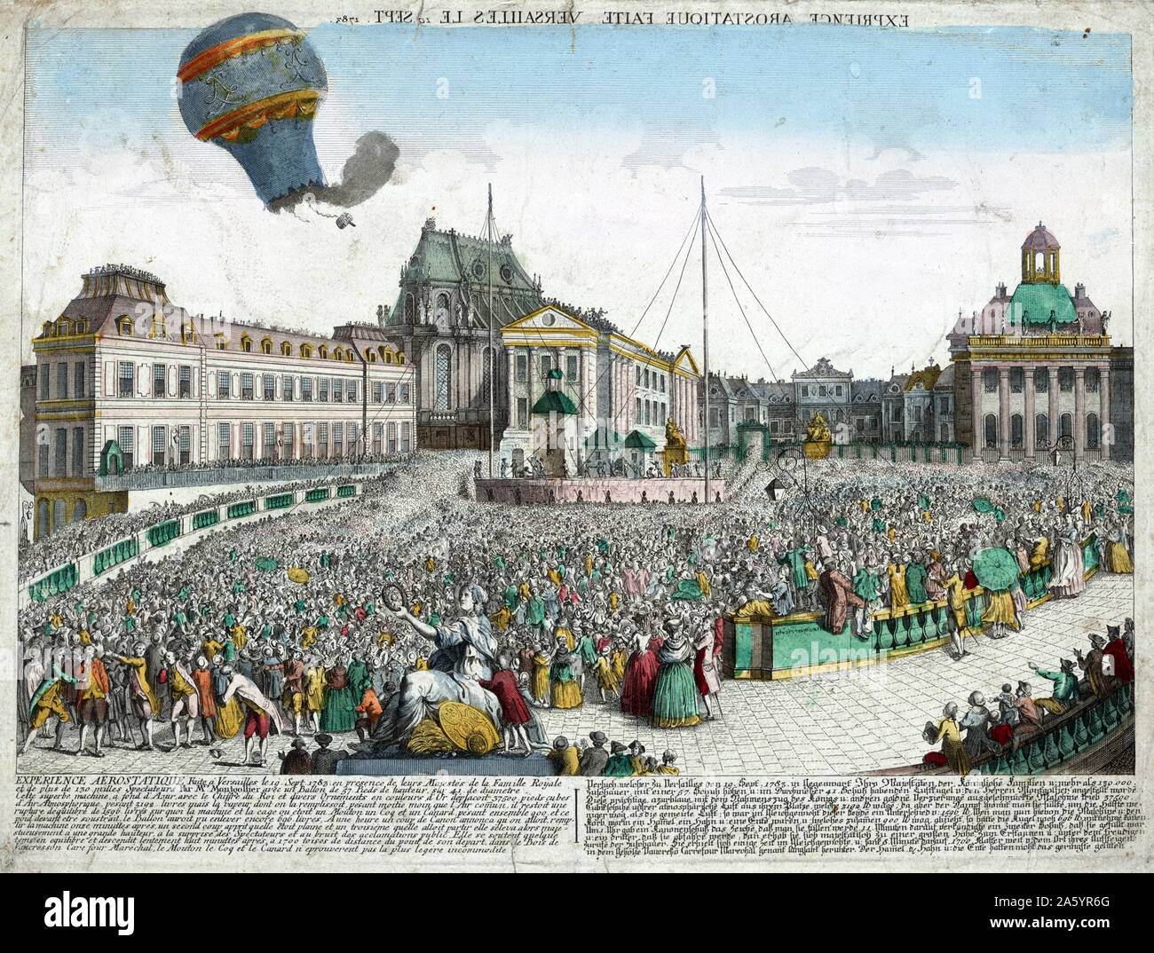 Hand-coloured etching depicting the hot-air balloons, released by the Montgolfier Brothers, ascending from the Palace of Versailles, before the Royal Family. The first passengers included a sheep, duck and rooster. Dated 1783 Stock Photo