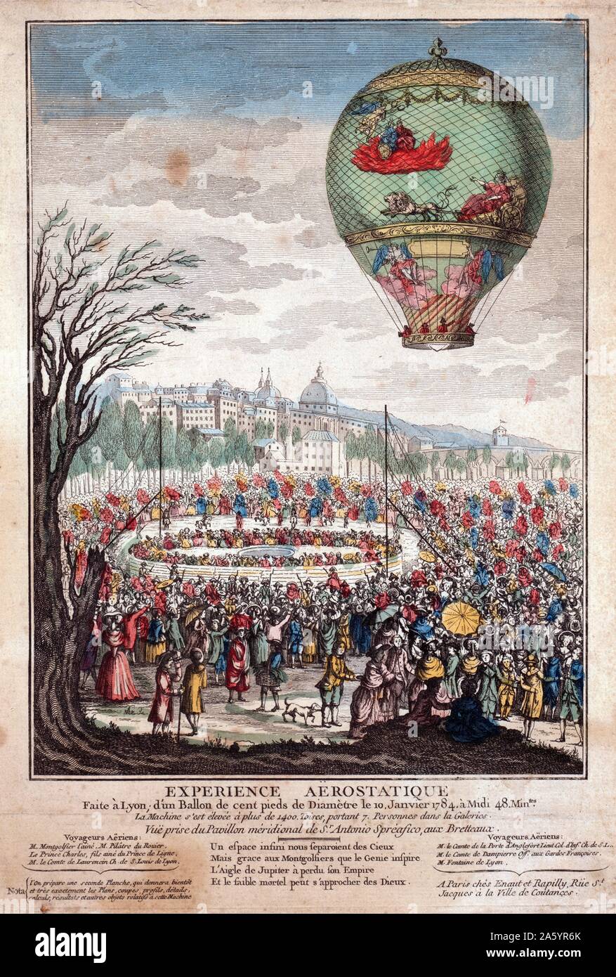 Hand-Coloured etching of the balloon, 'Le Flesselles' ascending over Lyon, France, carrying seven passengers including Joseph Montgolfier and Jean François Pilâtre de Rozier. Dated 1784 Stock Photo