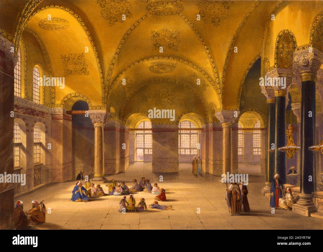 Colour lithograph of the interior of gynaeceum of Ayasofya Mosque, formerly the Church of Hagia Sophia; with groups of men, women, and children in traditional dress. By Louis Haghe (1806-1885) lithographer. Dated 1852 Stock Photo