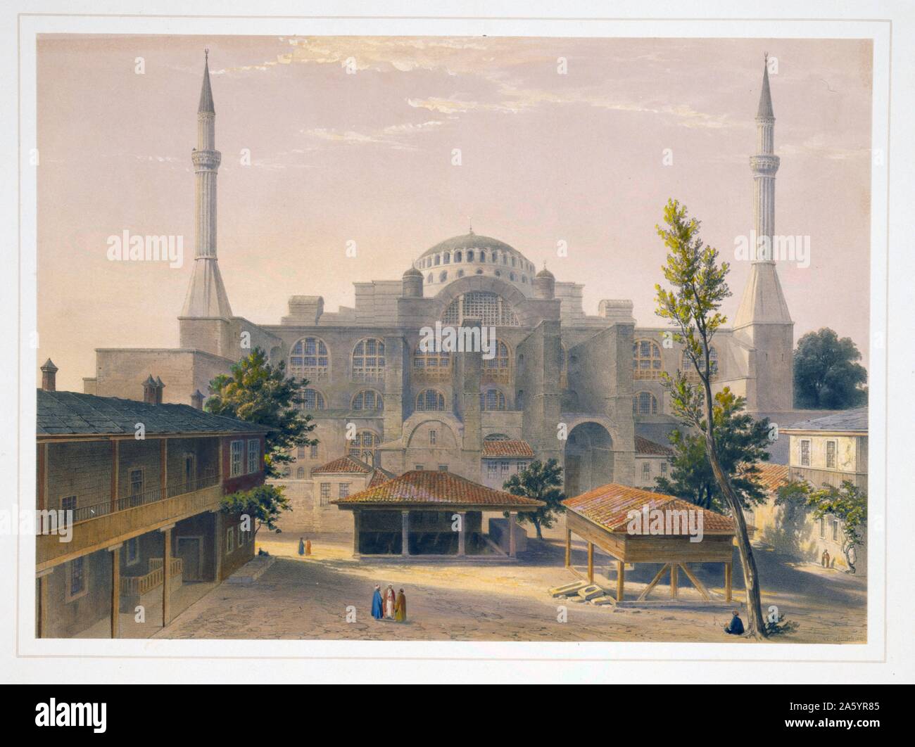 Colour lithograph of the Madrasah courtyard and exterior of Ayasofya Mosque, formerly the Church of Hagia Sophia. Ancient Greek ablution fountains in the foreground; with groups of men in traditional dress. By Gaspare Fossati (1809-1883). Dated 1852 Stock Photo
