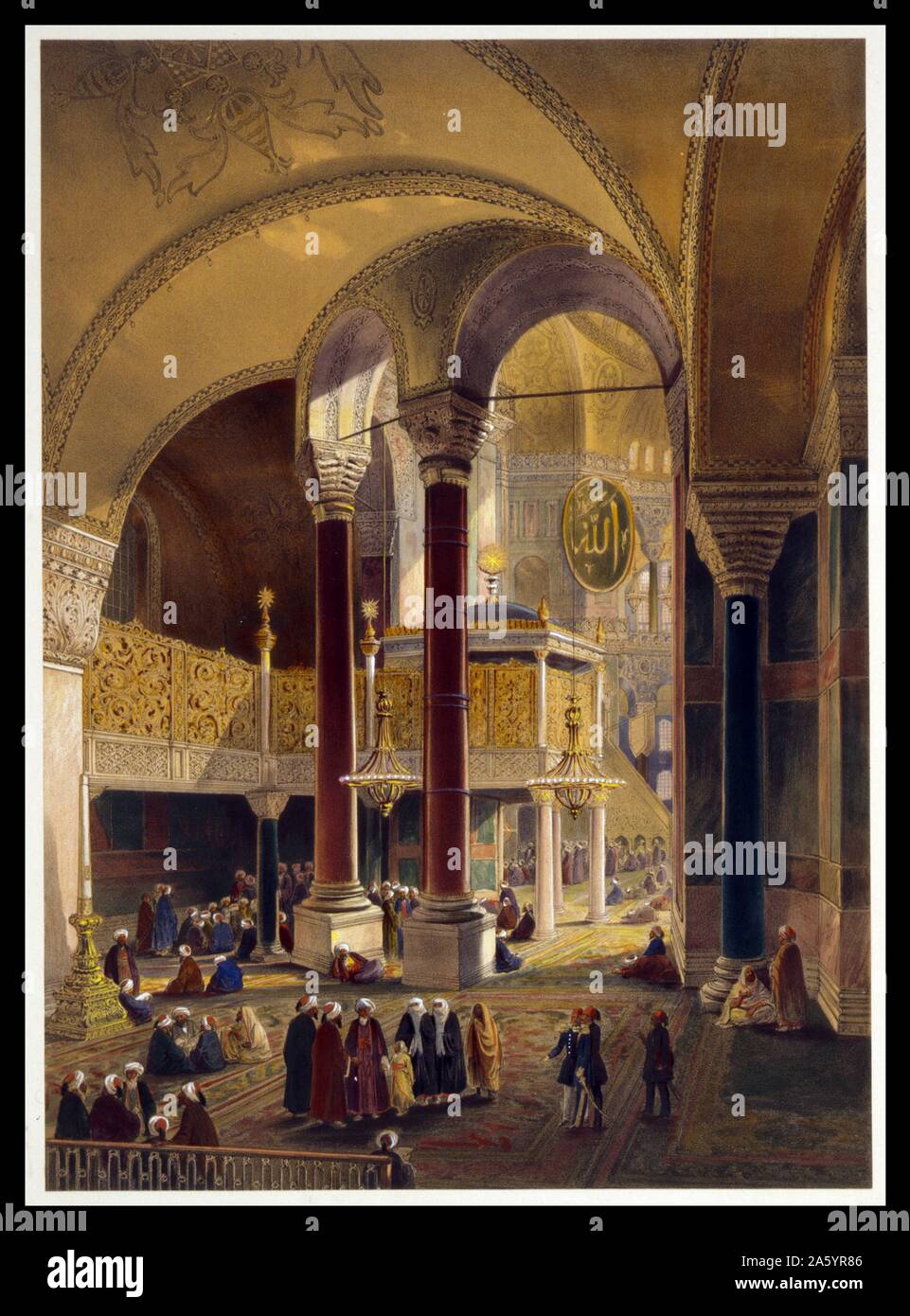 Lithograph print depicting the gallery and imperial tribune of Ayasofya Mosque, formerly the Church of Hagia Sophia; with columns of Ephesus in the foreground, and groups of men in traditional and military dress and a few veiled women. By Gaspare Fossati (1809-1883). Dated 1852 Stock Photo