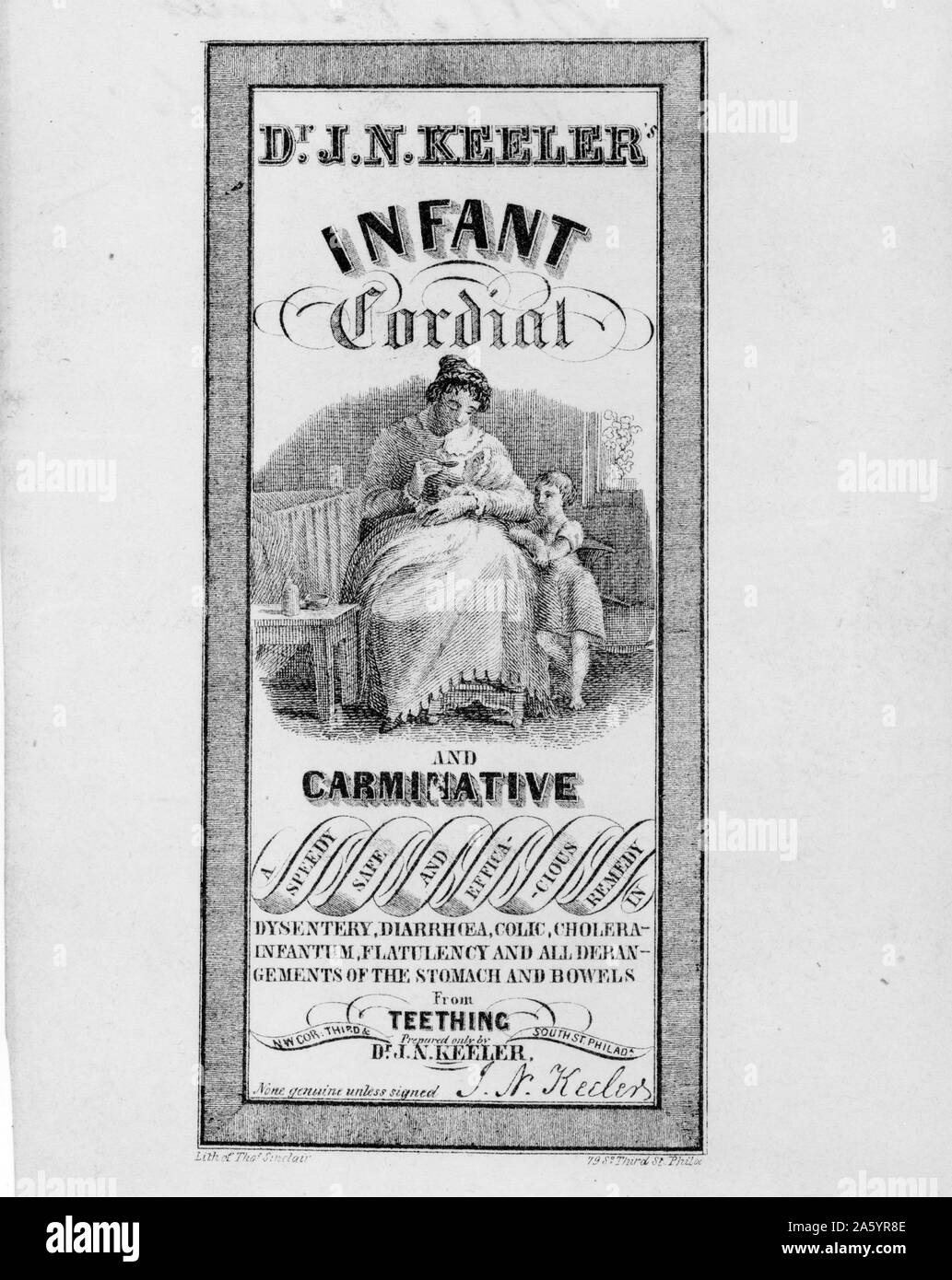 Patent medicine label of Dr. J.N. Keeler's infant cordial and carminative medicine showing a woman giving the medicine to her baby. Dated 1846 Stock Photo