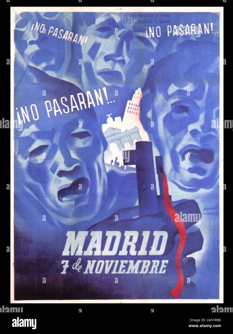 7 Nov. 1937. Issued by the Ministry of Propaganda, Madrid Office. Issued to honour the people's defence of Madrid; its dominant blue colour may evoke the blue overalls that were standard worker's attire. On Nov 7th General Franco, head of the military rebellion announced that the city would fall the next day; instead the Madrid resisted his armies for two years. The poster shows evidence of the expressionist influence on the Spanish Civil War art. Stock Photo