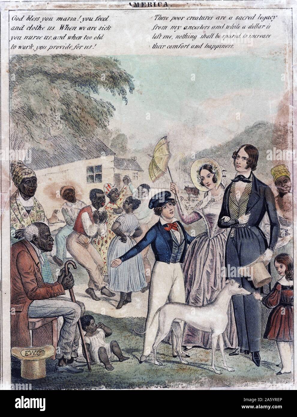 America. Print shows an idealized portrayal of American slavery and the conditions of blacks under this system in 1841.Artist : Edward Williams Clay (1799-1857). Stock Photo
