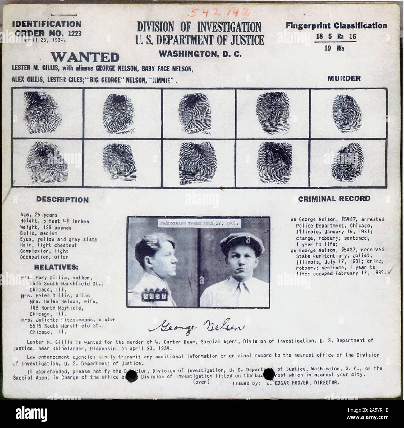 Fingerprints and photo of Lester Joseph Gillis (December 6, 1908 - November 27, 1934), knows under the pseudonym George Nelson, was a bank robber and murderer in the 1930's. Gillis was better known as Baby Face Nelson, a name given to him due to his youthful appearance and small stature. Usually preferred to by criminal associates as 'Jimmy', Nelson entered into a partnership with John Dillinger, helping him escape from prison in the famed remaining gang members as public enemy number one. Stock Photo