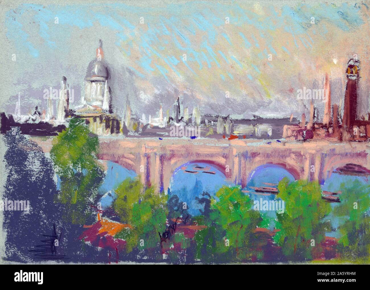 London over Waterloo Bridge 1900 by Joseph Pennell 1857-1926. drawing on bluish gray paper with dark blue fibres. View of the City over Waterloo Bridge, the river and trees on embankment in foreground, bright sunny day Stock Photo