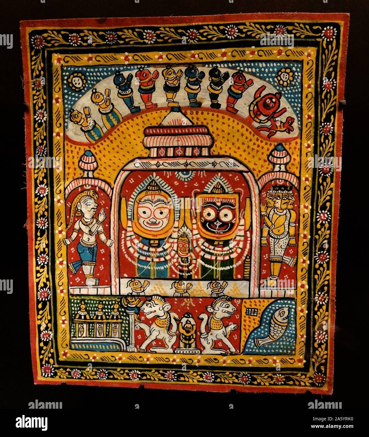 Painted cotton 'The child Krishna' Orissa, India, mid twentieth century. Krishna is seen as a child talking with Jagannatha a lord of the worlds in Hindu mythology Stock Photo