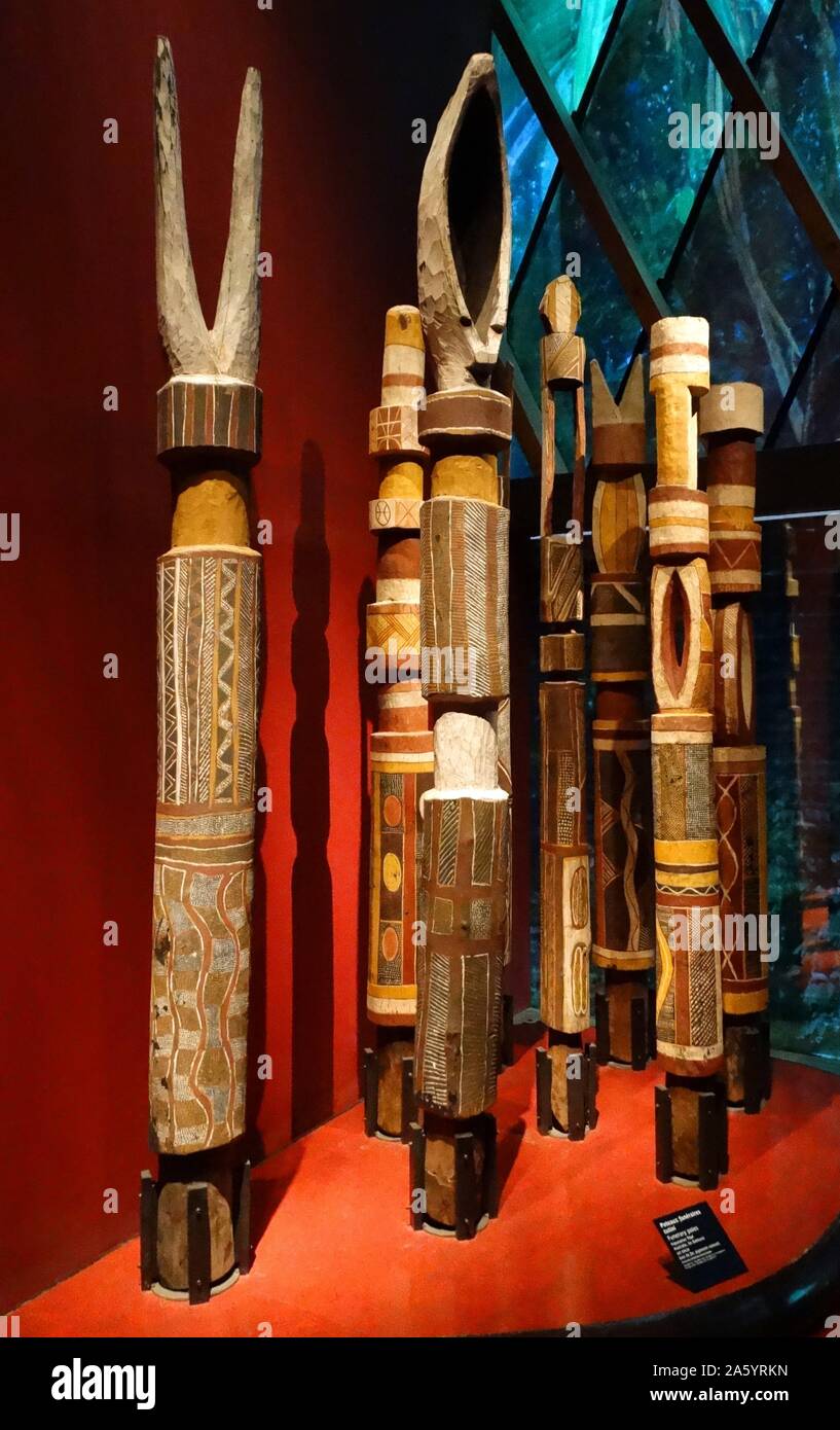 Tribal Ritual Binding Posts painted wooden, tribal funerary posts, made by the Tiwi people of ...