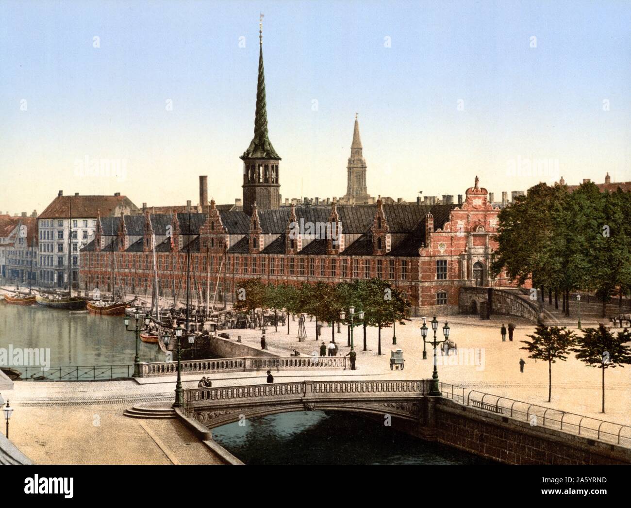 The Exchange hall, Copenhagen, Denmark 1900. One of the oldest buildings in Copenhagen, the Old Stock Exchange is situated on the island of Slotsholmen and built by King Christian IV (1577-1648 - ruled Denmark and Norway 1588-1648) in 1619-1640. Stock Photo