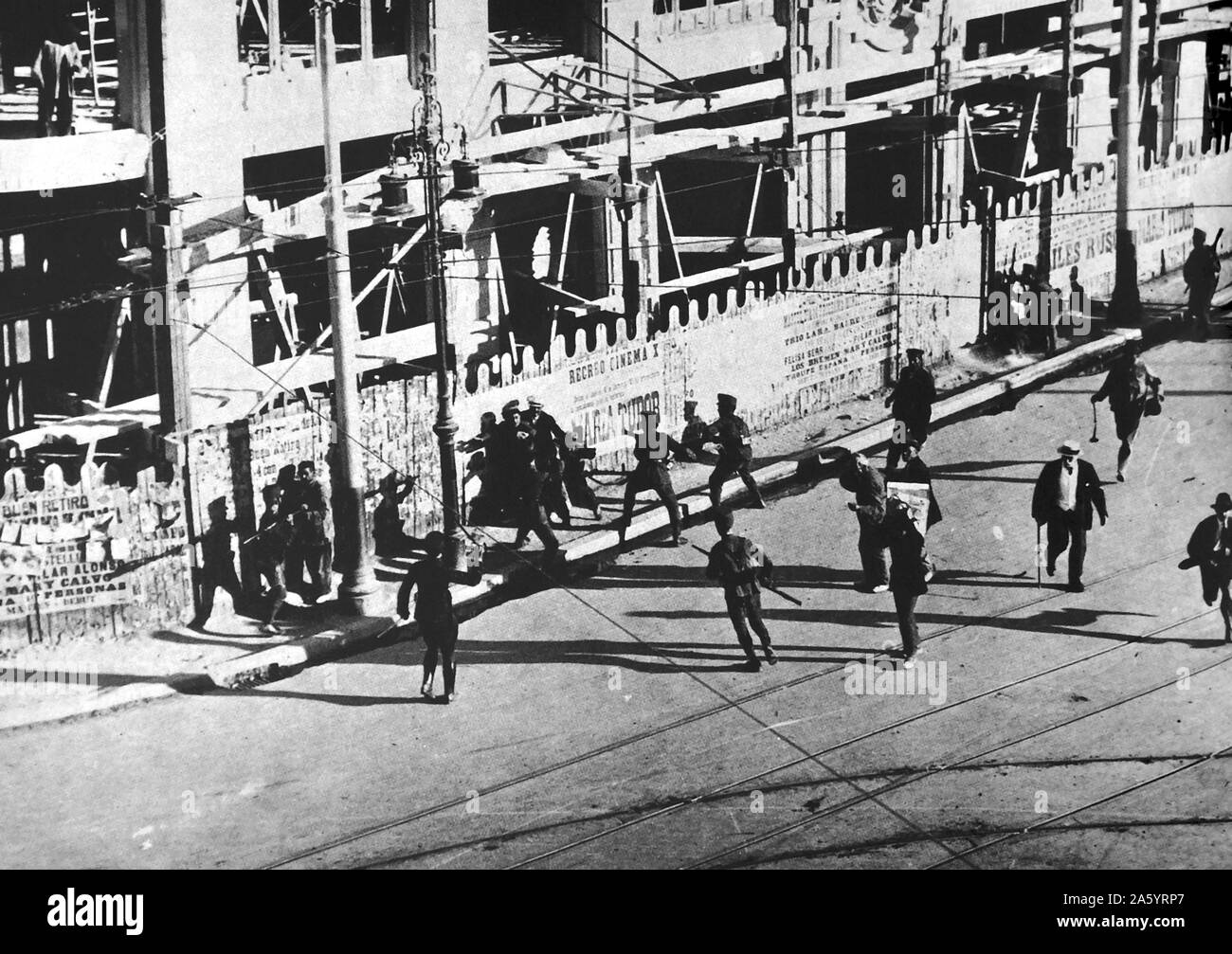 Soldiers attack a group of revolutionary strikers in Madrid, during the general strike in Spain in 1917. the general strike-considered by its nature revolutionary occurred in Spain in August 1917. It was organized by the UGT (socialist) and the Spanish socialist Workers Party, and in some places was supported by the CNT (anarchist). Stock Photo
