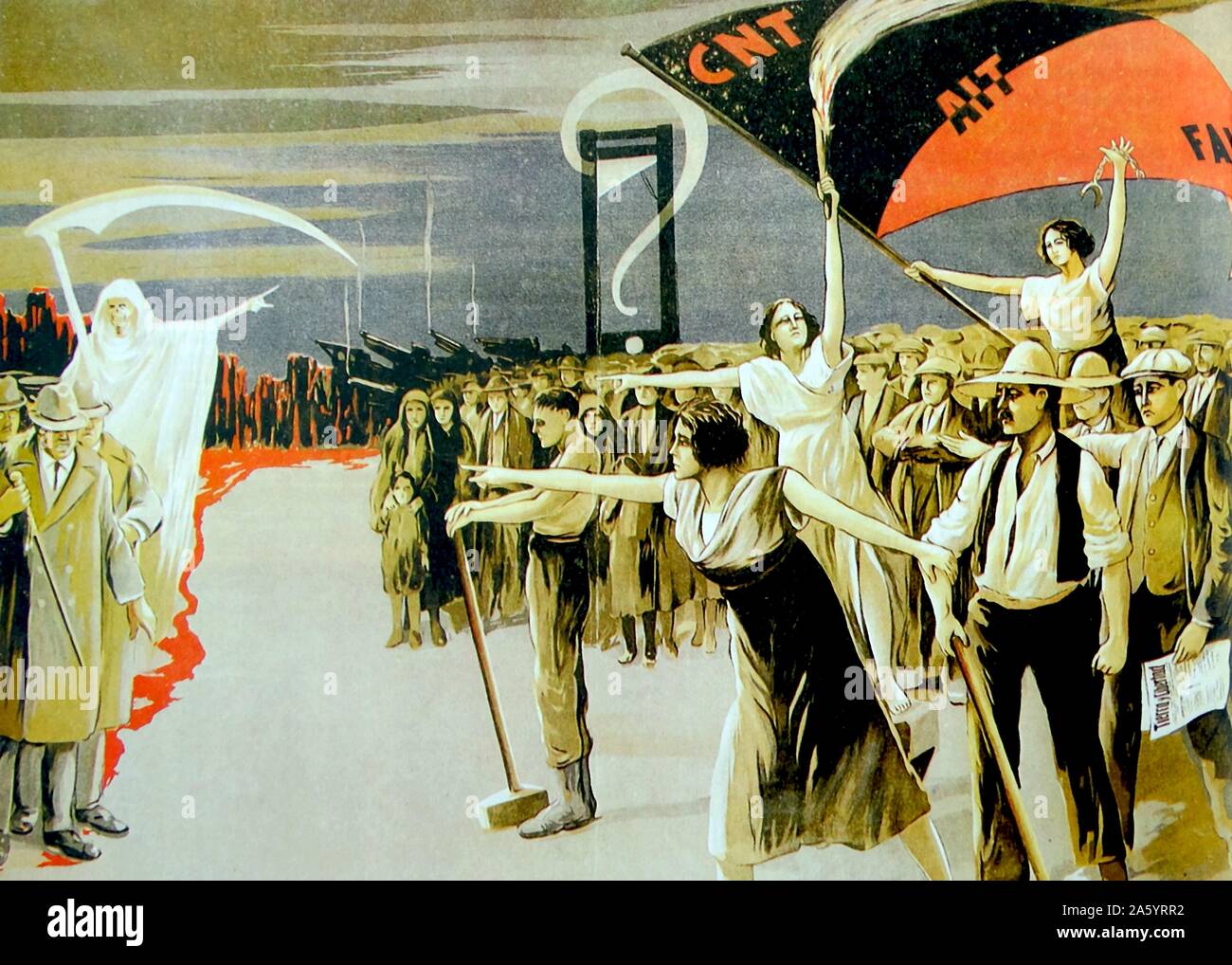 Spanish Anarchist poster or illustration 1933. Anarchism in Spain has historically gained more support and influence than anywhere else, especially before Franco's victory in the Spanish Civil War of 1936–39. the movement gained speed with the rise of anarcho-syndicalism and the creation of the Confederación Nacional del Trabajo (CNT). General strikes became common, and large portions of the Spanish working class adopted anarchist ideas. Stock Photo