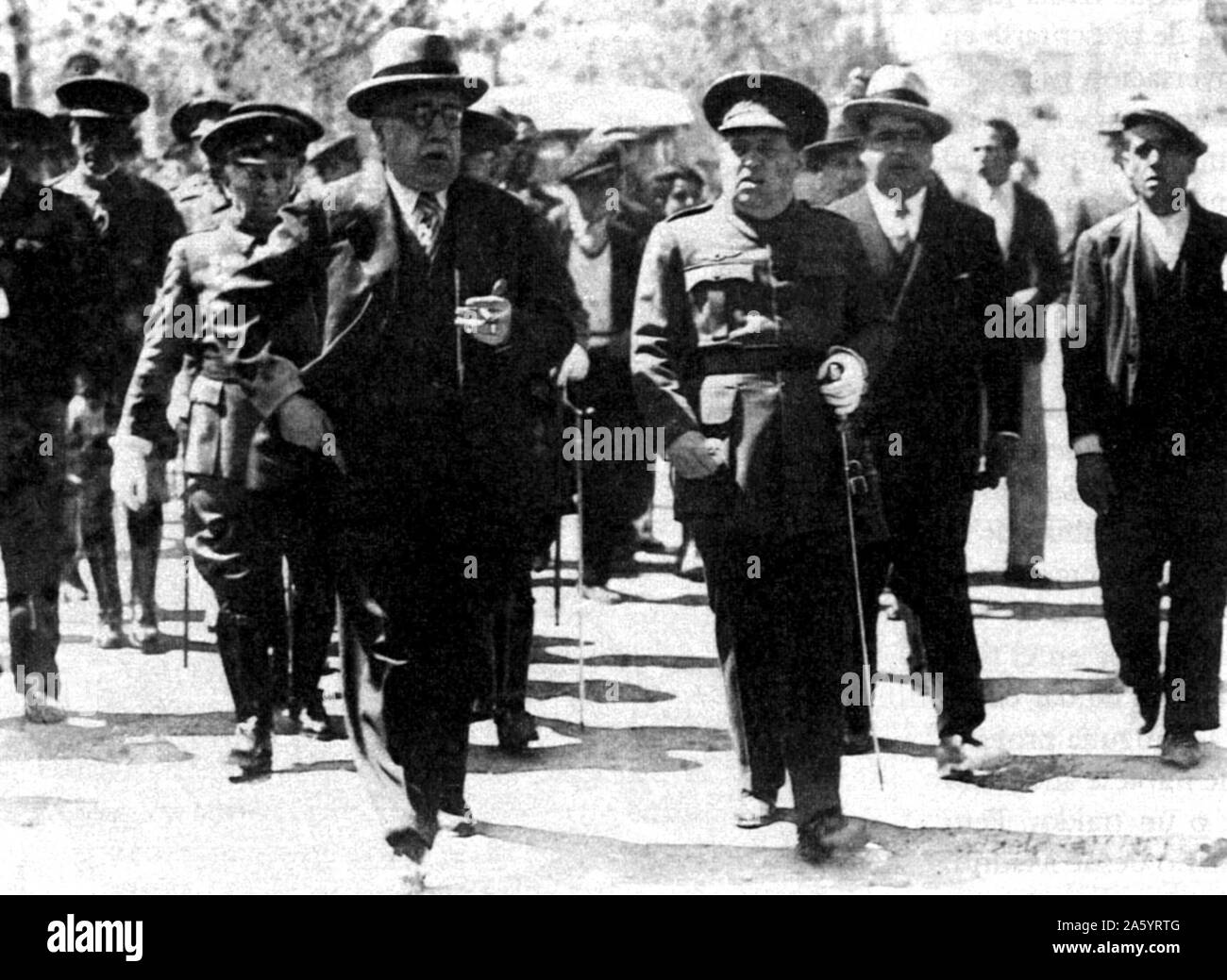General José Sanjurjo and Azana Prime Minister of Spain 1936. General José Sanjurjo y Sacanell, (1872 – July 20, 1936) General in the Spanish Army. On May 10, 1936, Niceto Alcalá-Zamora was replaced as President of the Republic by Azana, Sanjurjo joined with Generals Emilio Mola, Francisco Franco and Gonzalo Queipo de Llano in a plot to overthrow the republican government. This led to the Nationalist uprising on July 17, 1936, which started the Spanish Civil War. Stock Photo