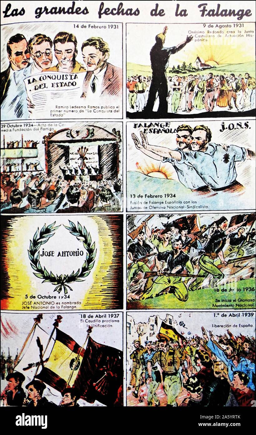Cartoon series depicting key dates of the rise of the Falange in Spain. 1939. the Falange was a political organization founded by José Antonio Primo de Rivera in 1933, during the Second Spanish Republic. Primo de Rivera was the son of General Miguel Primo de Rivera, who governed Spain as Prime Minister in the 1920s. Stock Photo
