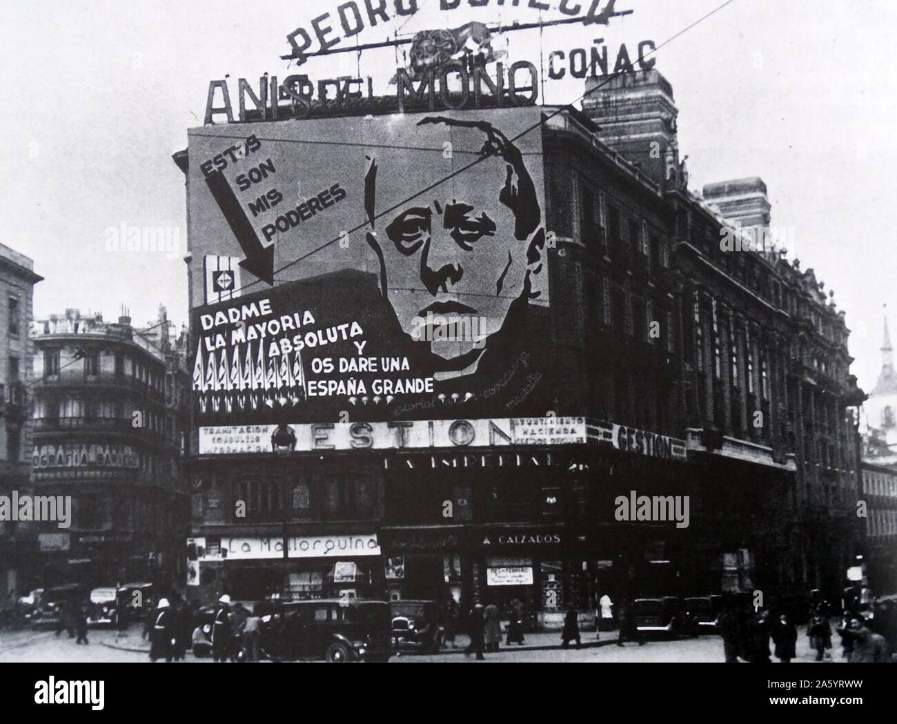 Poster on a Madrid building depicts José María Gil-Robles y a prominent Spanish politician in the period leading up to the Spanish Civil War, speaks in Parliament in 1936 Stock Photo