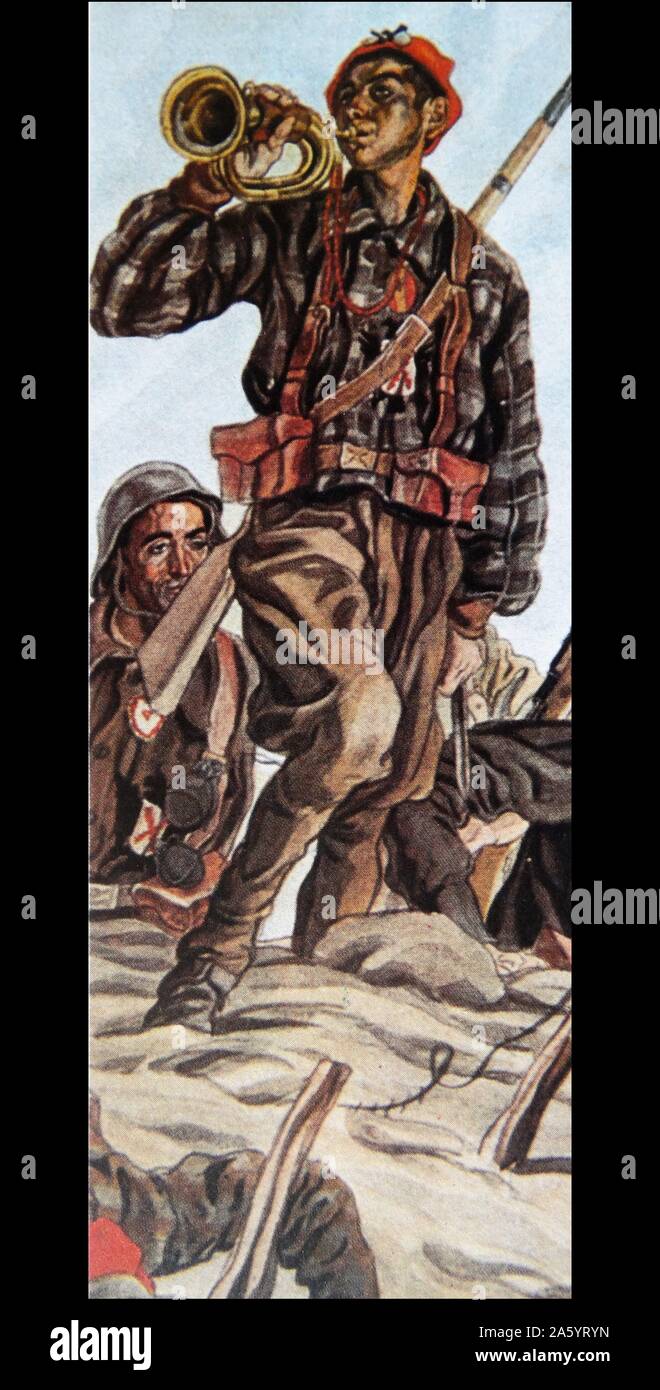 Carlist propaganda illustration of Carlist bugler playing. Carlism is a political movement in Spain seeking the establishment of a separate line of the Bourbon dynasty on the Spanish throne. After the October 1934 Revolution, which cost the life of the Carlist deputy Marcelino Oreja Elósegui, Carlism started to prepare for an armed clash with the revolutionaries. During the Spanish Civil War (1936–1939) the Carlists were on the side of the Nationalist rebels. Stock Photo