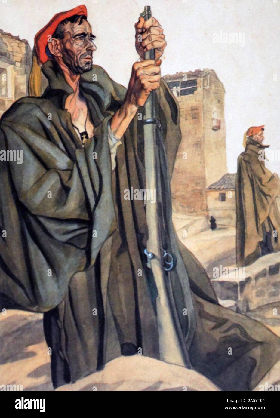 Carlist propaganda illustration of Carlist soldiers standing guard. Carlism is a political movement in Spain seeking the establishment of a separate line of the Bourbon dynasty on the Spanish throne. After the October 1934 Revolution, which cost the life of the Carlist deputy Marcelino Oreja Elósegui, Carlism started to prepare for an armed clash with the revolutionaries. During the Spanish Civil War (1936–1939) the Carlists were on the side of the Nationalist rebels. Stock Photo