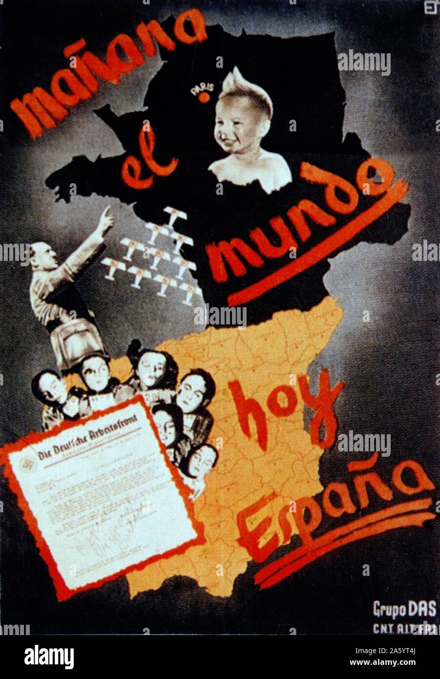 mañana el mundo - hoy Espana (tomorrow the world - today Spain) CNT Propaganda poster, 1936 Issued by Gruppo DAS, an antifascist group of German volunteer fighters in Spain during the Spanish Civil War, Showing Hitler threatening the world, with German aircraft, after committing atrocities in Spain. Stock Photo