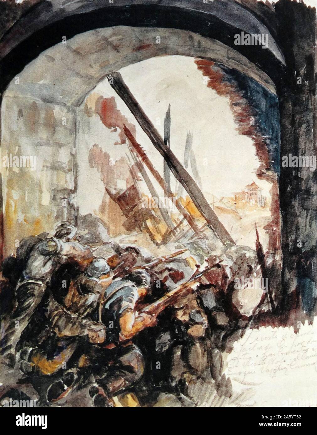 fighting at the Puerta de Carros. the Alcazar or fort of Toledo, el Alcazar, Spanish Civil War (1936-1939). Stock Photo