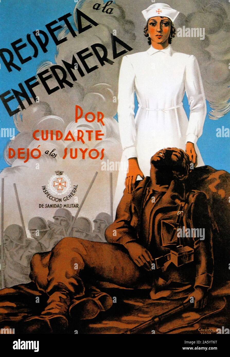 Government propaganda poster about the heroic role of nurses during the Spanish Civil War Stock Photo
