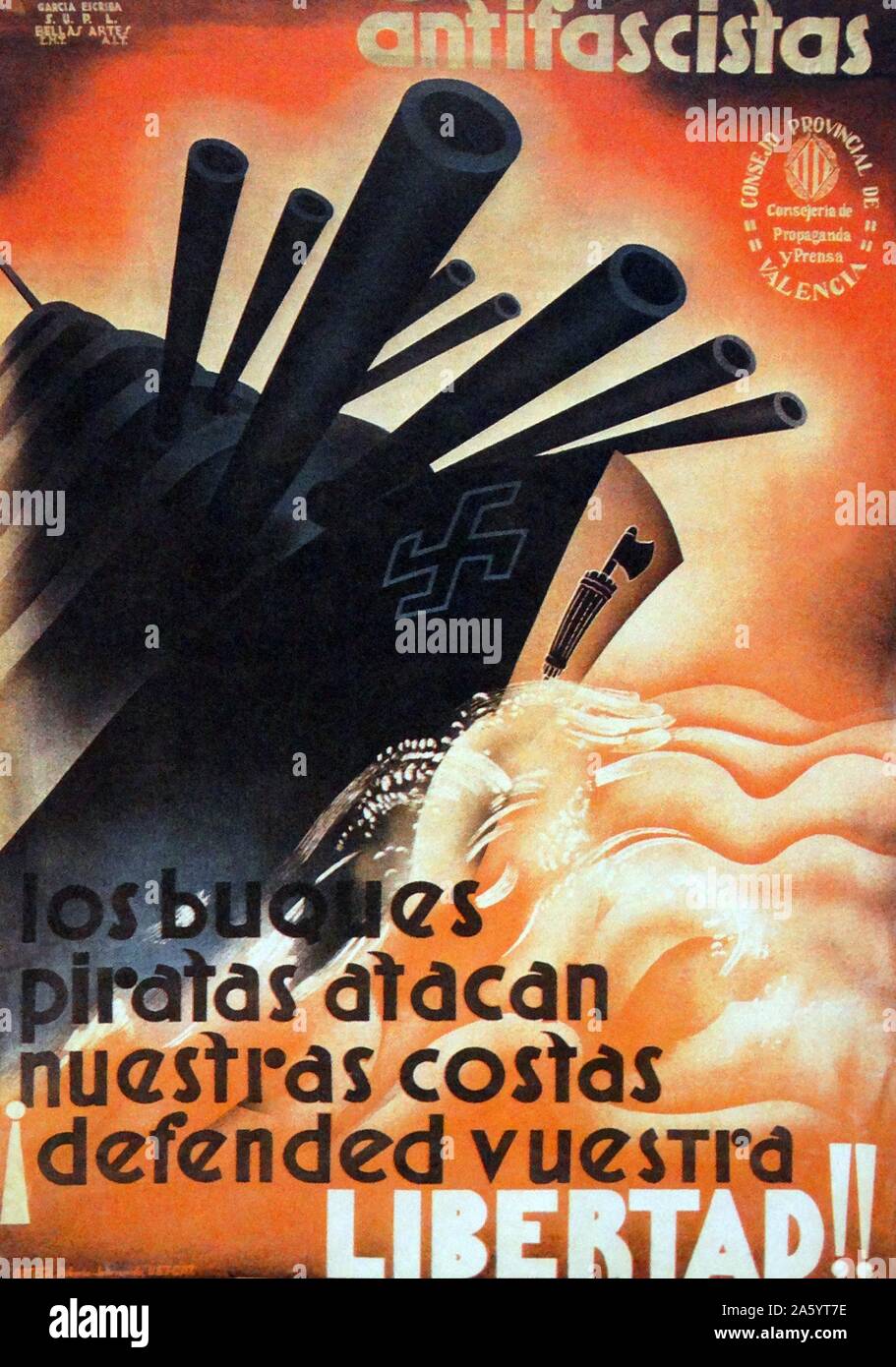 Spanish Civil War Poster; Antifascists against Pirate Ships. Antifascistas contra buque. The Italian and German fascist symbols appear on the prow of the ship Stock Photo