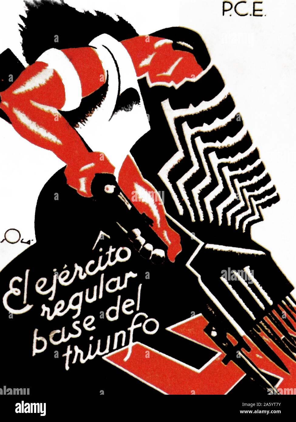 Anti-fascist poster (Mes Homes, Mes Armes, mes municiones), published by the Republican P.S.U.-U.G.T during the Spanish Civil War Stock Photo