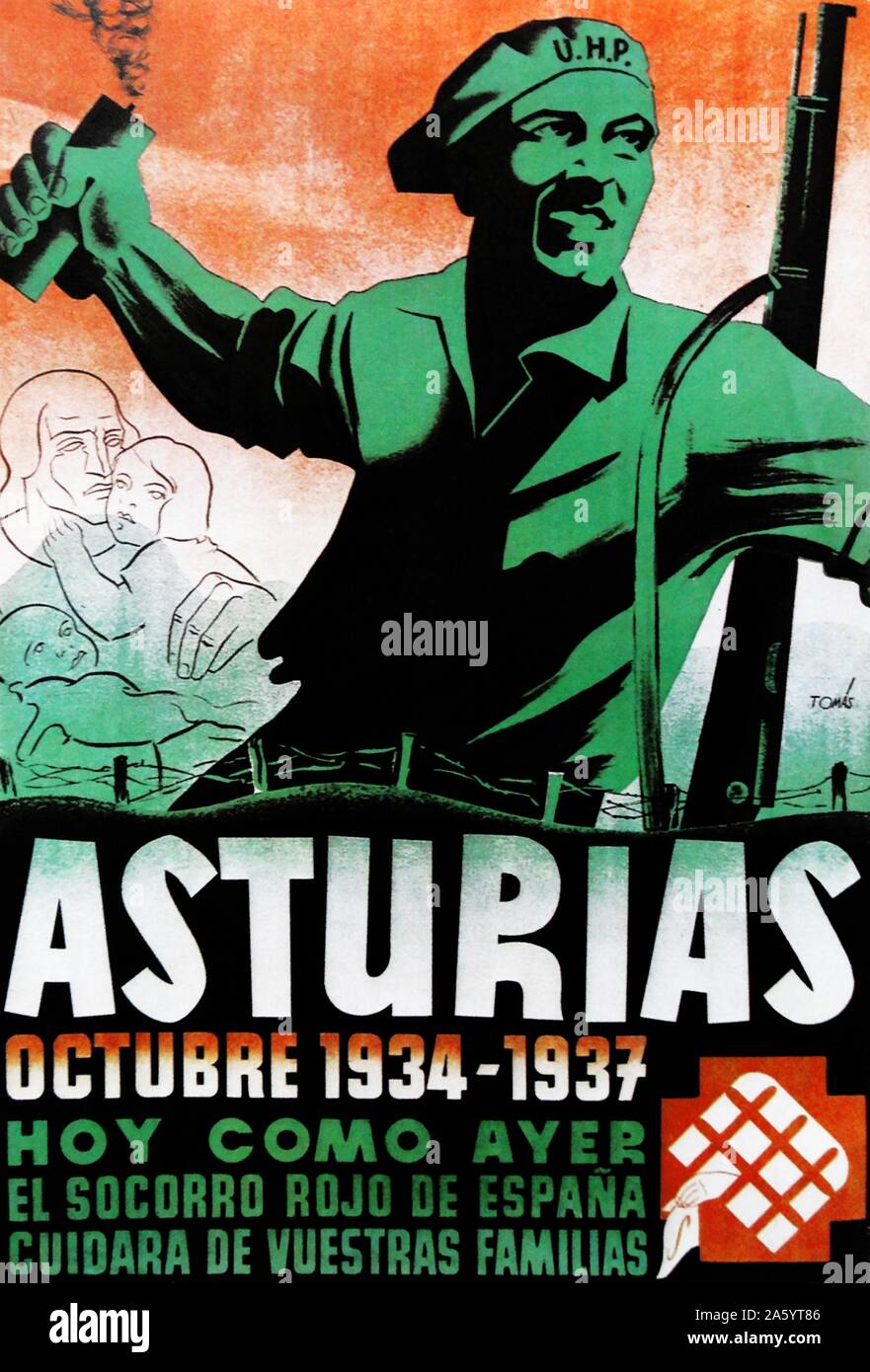 Republican Spanish poster to recall the Asturias Revolution of 1934. The Asturian miners' strike of 1934 was a major strike action, against the entry of the Spanish Confederation of the Autonomous Right (CEDA) into the Spanish government, which took place in Asturias in northern Spain, that developed into a revolutionary uprising. It was crushed by the Spanish Navy and the Spanish Republican Army, Stock Photo