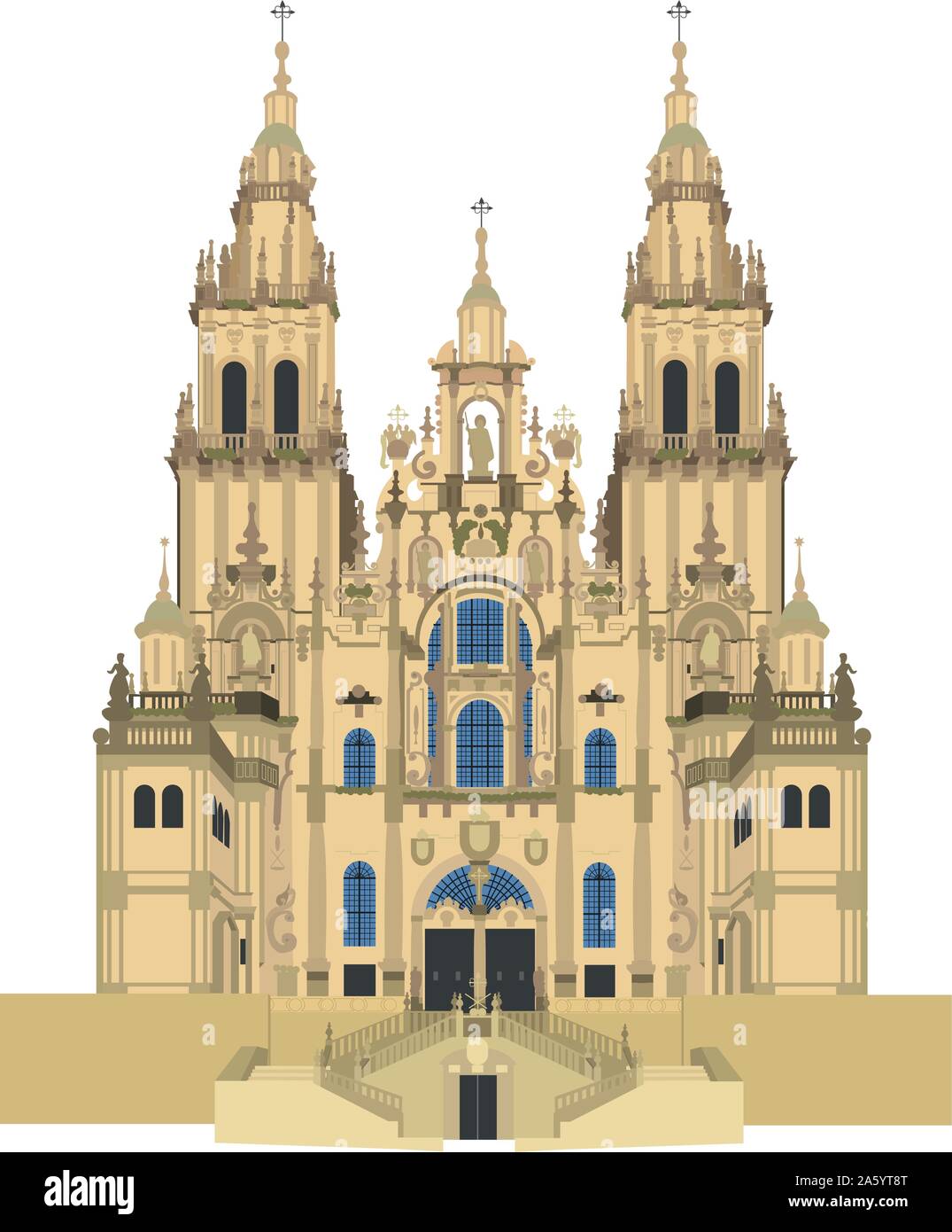 Santiago de Compostela Cathedral, Spain. Isolated on white background vector illustration. Stock Vector