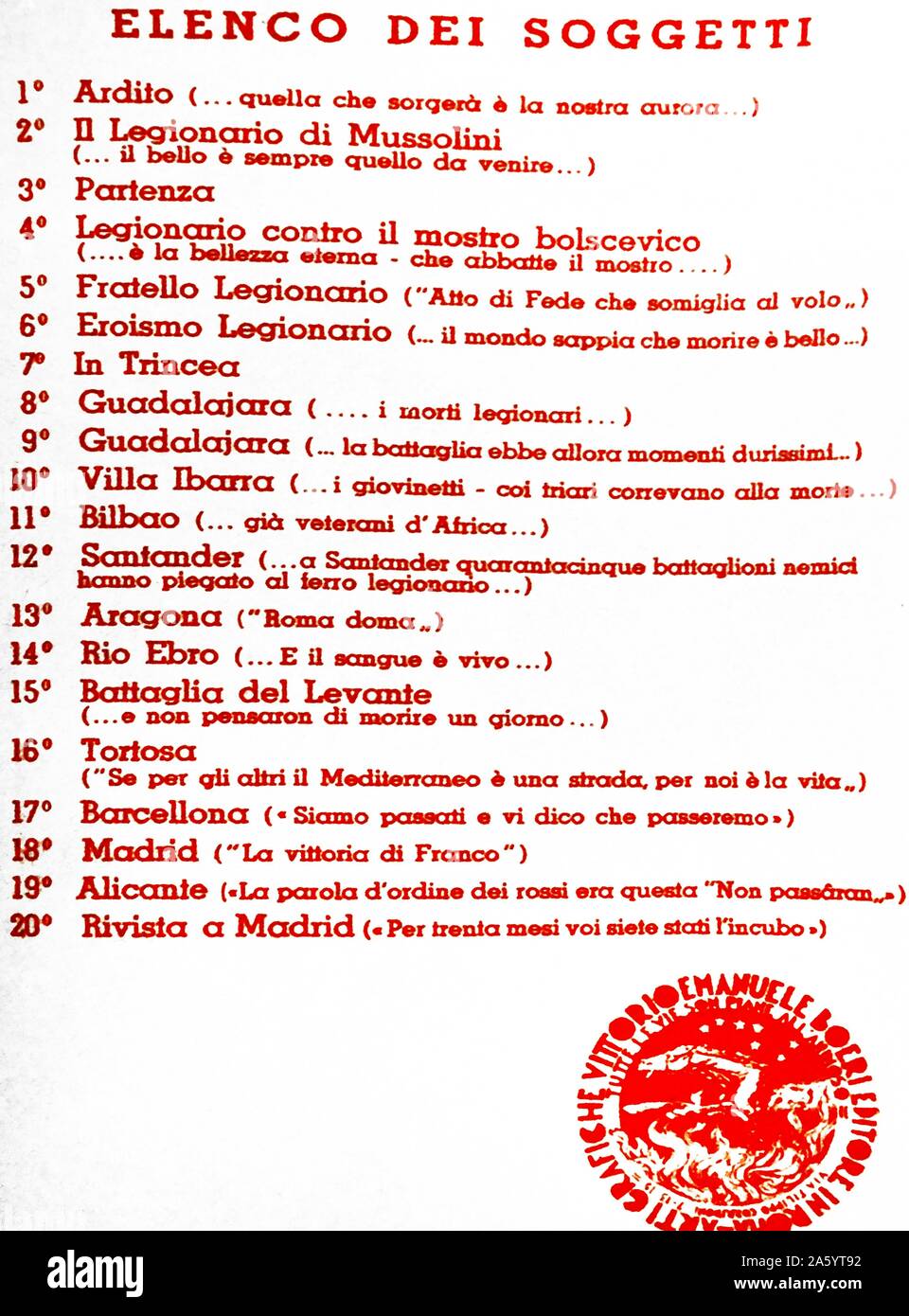 Official elenco dei soggetti (list of subjects), concerning the Italian fascist participation during the Spanish Civil War Stock Photo