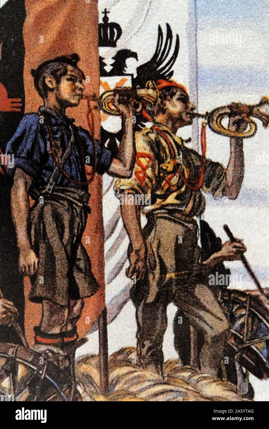 Pro-Franco illustration depicting patriotic Falange and Carlist youth during the Spanish Civil War Stock Photo