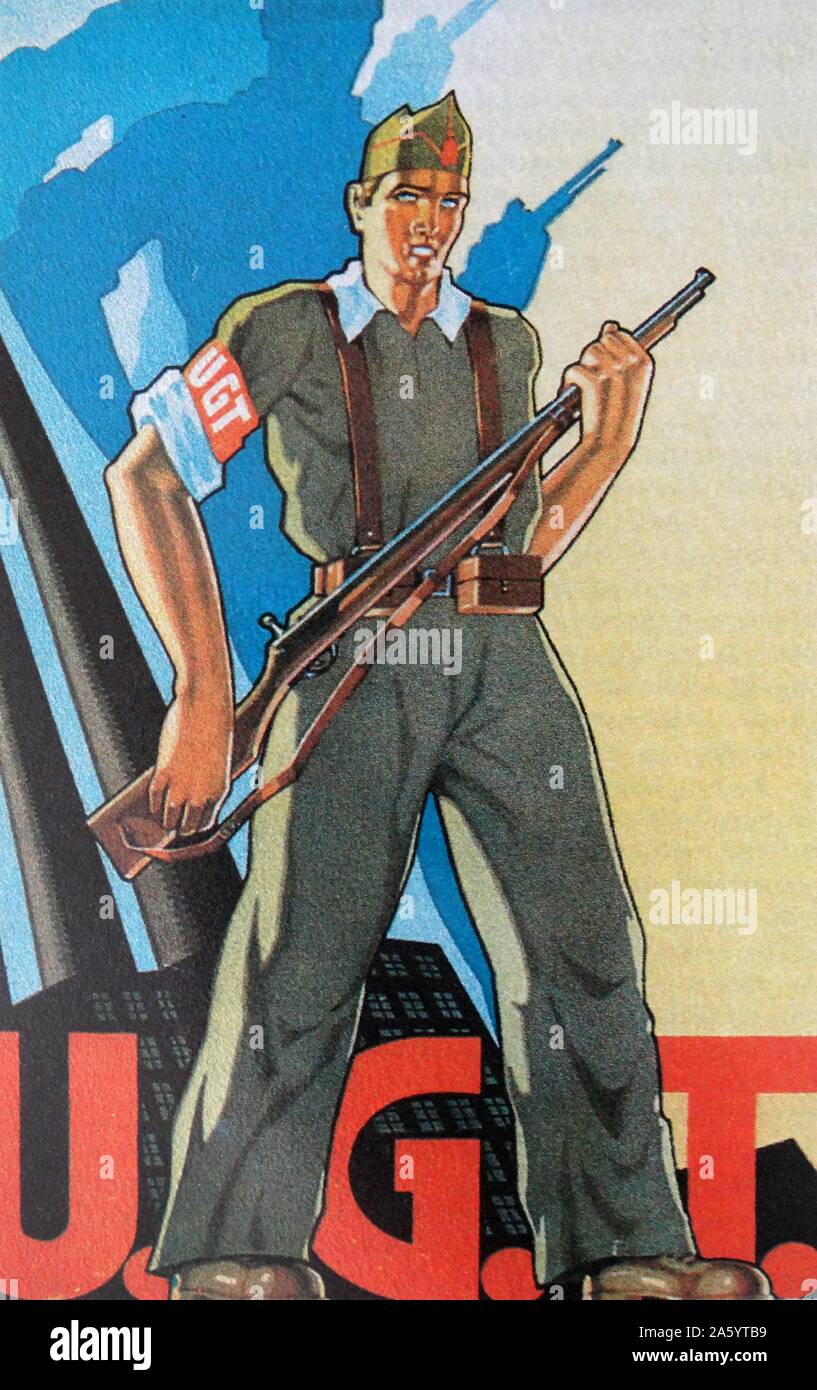 UGT Republican militia soldier during the Spanish Civil War. The Unión General de Trabajadores (UGT, General Union of Workers) is a major Spanish trade union, historically affiliated with the Spanish Socialist Workers' Party (PSOE). Stock Photo