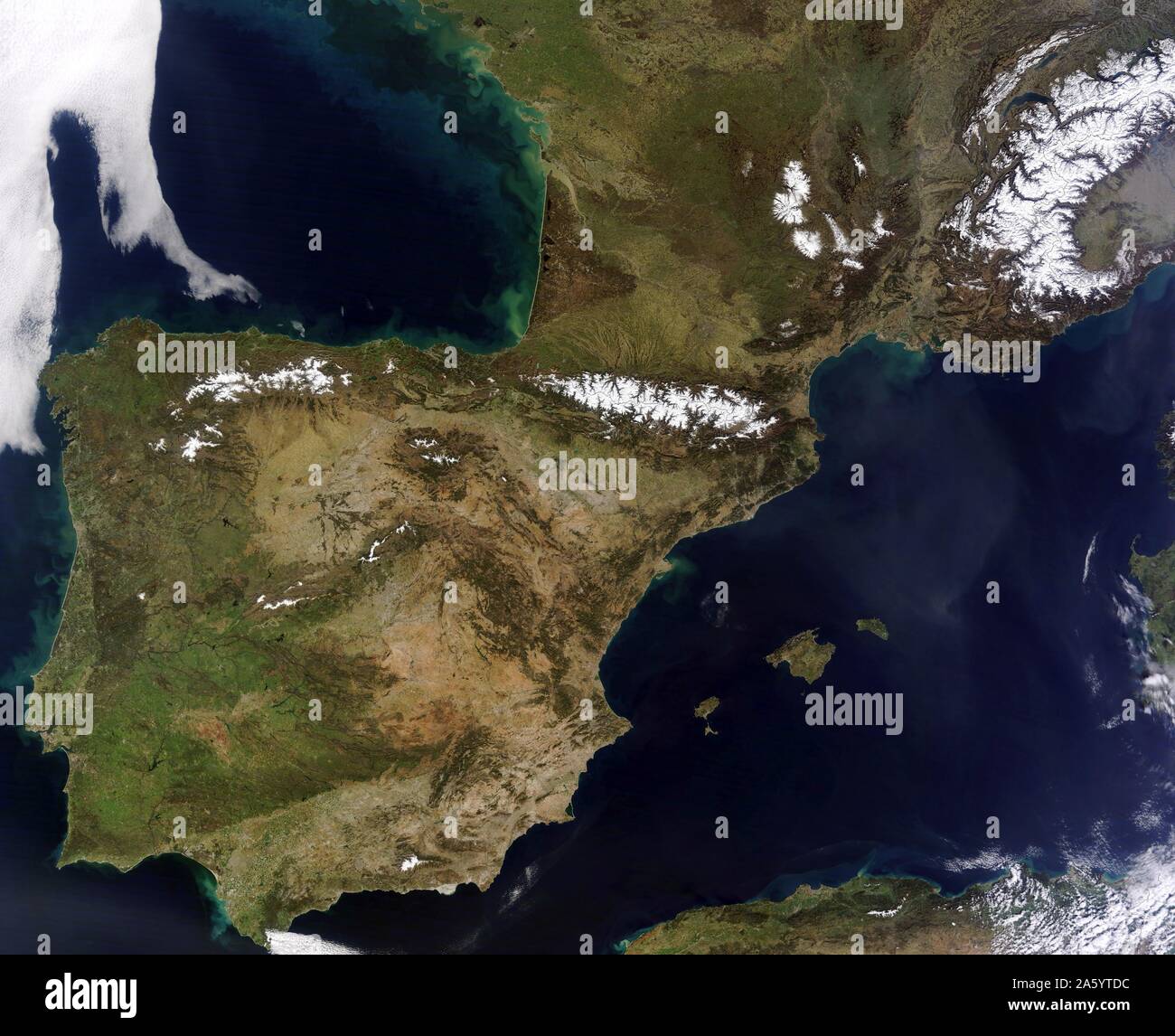 cloud-free views of Western Europe in the spring. However, a high-pressure pattern kept skies spectacularly clear over the Iberian Peninsula Stock Photo