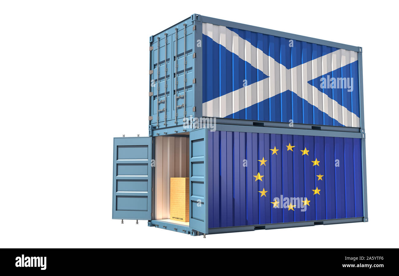 Two freight container with Scotland and European Union flag. Isolated on white - 3D Rendering Stock Photo