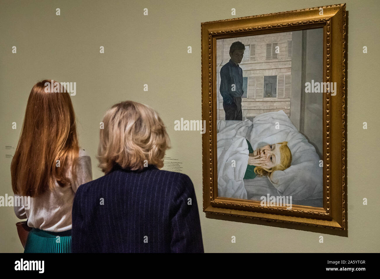 London, UK. 23rd Oct, 2019. Hotel Bedroom, 1964 - Lucian Freud self-portraits at the Royal Academy of Arts. Executed over almost seven decades on canvas and paper, the exhibition brings together 56 works that chart Freud’s artistic development. Credit: Guy Bell/Alamy Live News Stock Photo