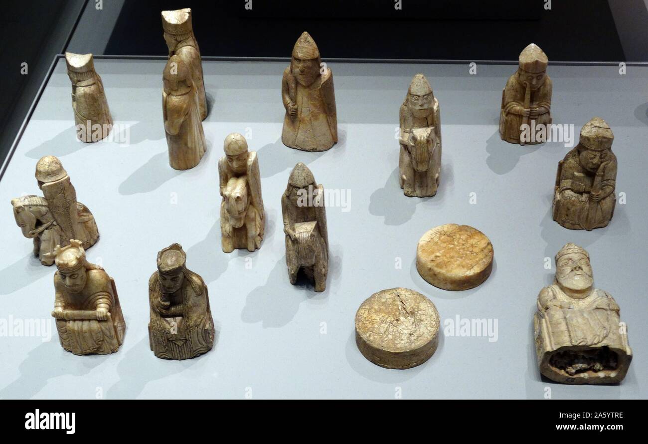 Medieval Lewis Chessmen made from carved walrus ivory 1150-1175 (circa). Discovered in Lewis in the western Isles off Scotland in 1832 Stock Photo